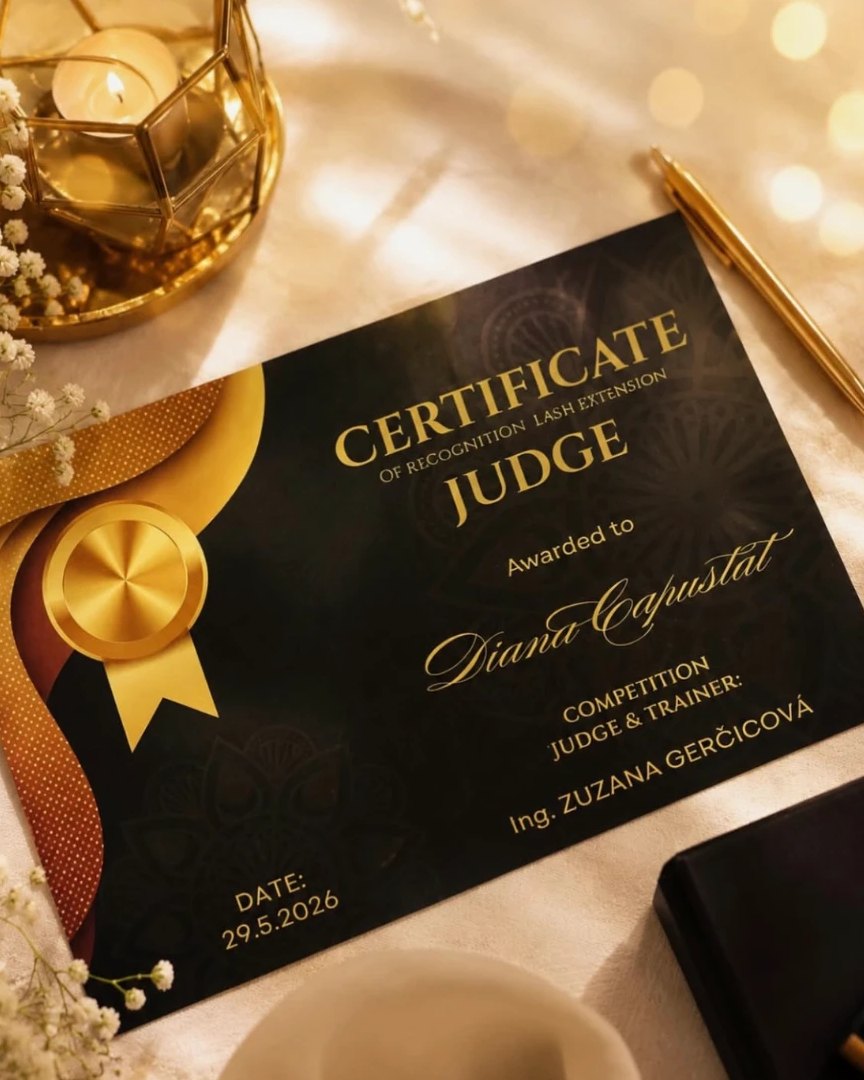 Diana Capustats certifikat som tävlingsdomare i fransförlängning